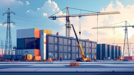 Modern data centre prefabricated modular units rapid assembly workers cranes power infrastructure