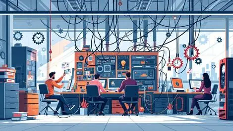 Office professionals collaborating outdated computers tangled cables legacy technology technical debt fragmented gears faded clocks modern tones realistic style ai adoption challenges