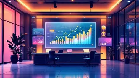 Corporate office modern digital screens abstract graphs financial growth tech ai