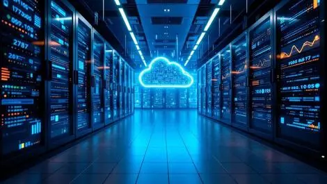 Modern data center servers glowing data streams cloud computing ai analytics