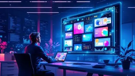 Modern workspace person interacting large digital display ai powered presentation