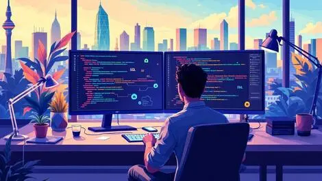 Australian digital workspace programmer dual monitors sql python cloud icons tech skills