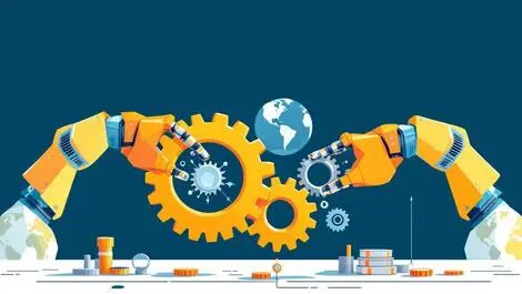 Robotic arms assembling gears cogs automated business processes global enterprise