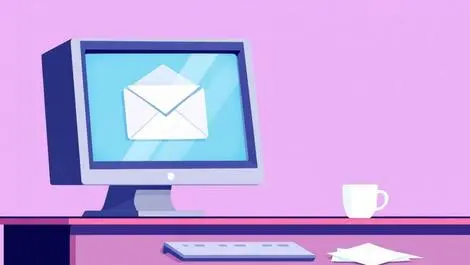 Classic desktop computer open email envelope icon office desk coffee