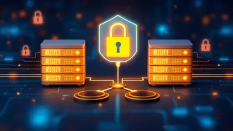 Realistic illustration two computer servers secure data link digital padlocks enterprise ai control