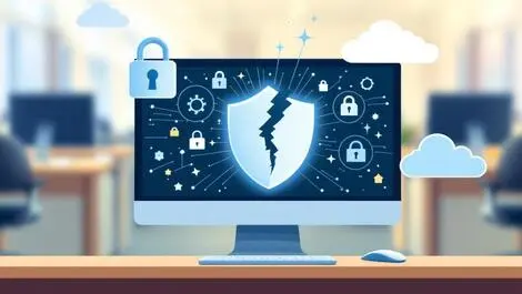 Computer screen shield broken digital locks cloud icons uk office illustration