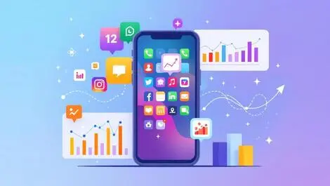 Smartphone app icons surrounded by graphs charts data trends insights
