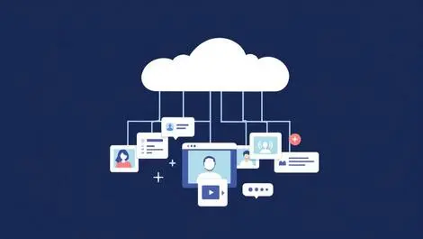 Cloud above photo video thumbnails with voice command speech bubbles digital style