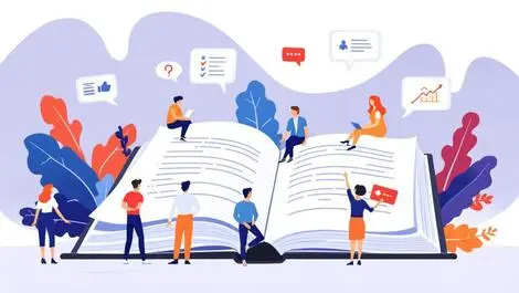 People gathered around large open book engagement learning customer education