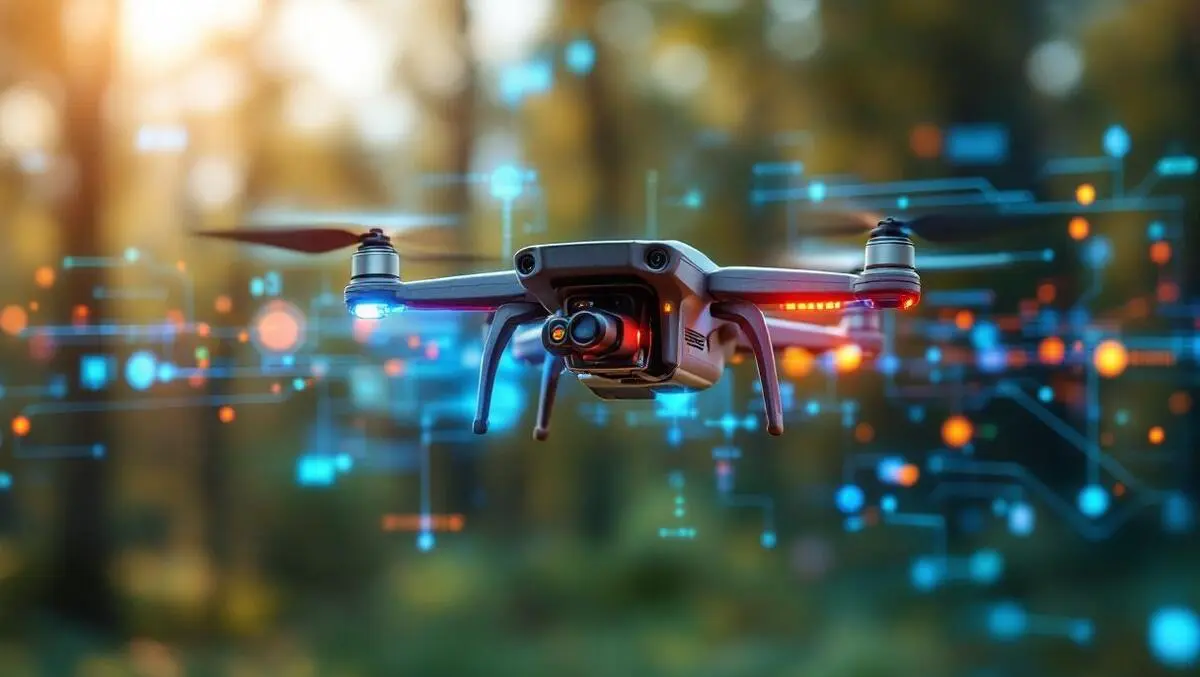 Small drone visible sensors hovering outdoors data flow connectivity visualizations