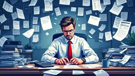 Stressed uk office worker desk paper receipts invoices calculator cluttered workspace