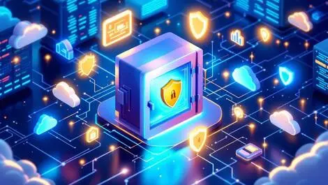 Secure digital vault glowing data streams cloud icons shield protection