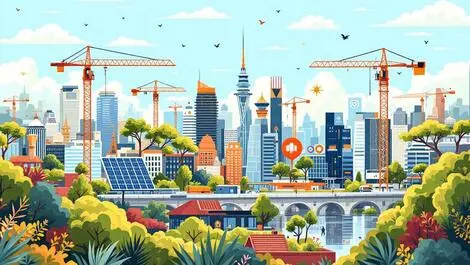 Modern cityscape new south wales construction cranes solar panels digital icons illustration