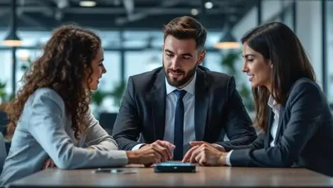 Modern office professionals discussing wireless network device collaboration technology