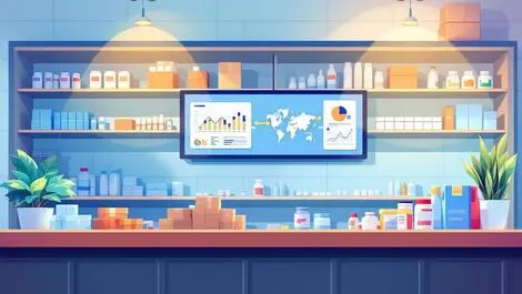 Realistic modern australian pharmacy counter shelves medicine digital screen graphs supply chain management