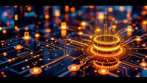 Stylized data servers interconnected glowing lines central server european financial district