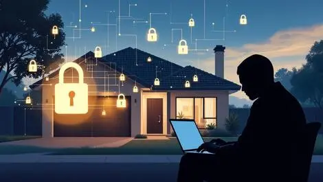 Australian suburban house shadowy figure laptop digital padlocks security cyber fraud real estate