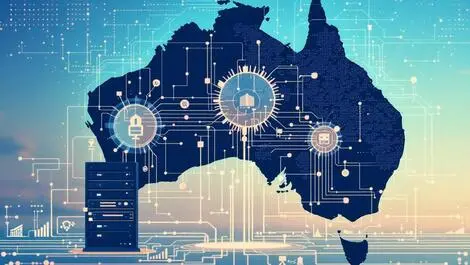 Digital data streams connecting computer servers to algorithm brain australia outline