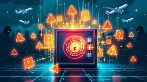 Locked digital vault warning symbols airplanes hacker figures cyber attack australian airline