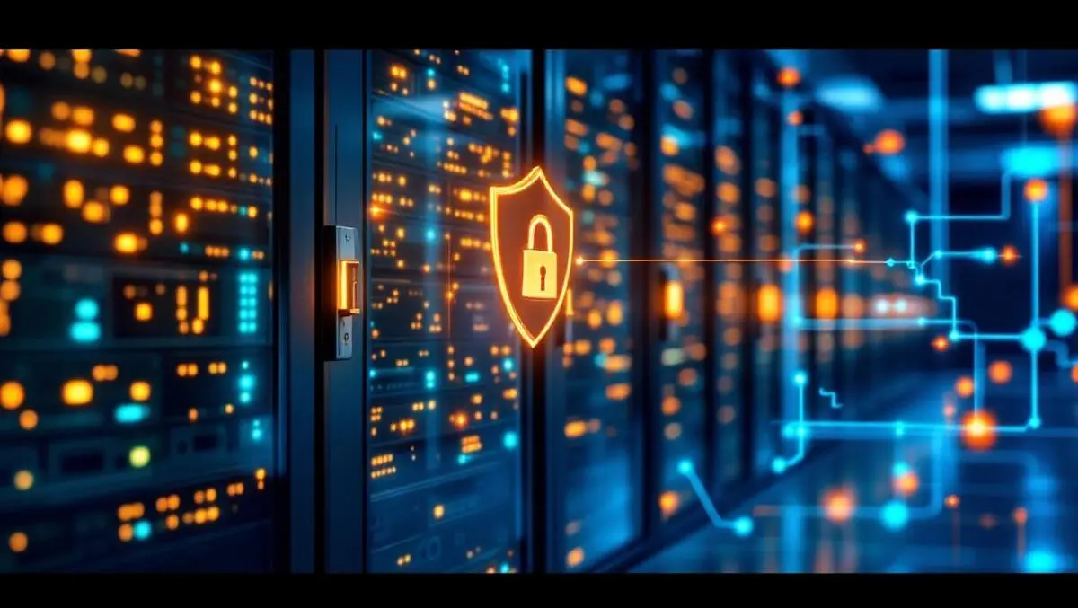 Modern data center glowing server racks secure locks digital network lines shield cyber protection realistic illustration