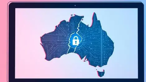 Detailed illustration digital lock breaking on computer screen with australia outline cybersecurity breach