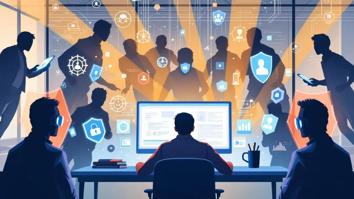 Digital illustration person computer protective shields cyber threats workspace