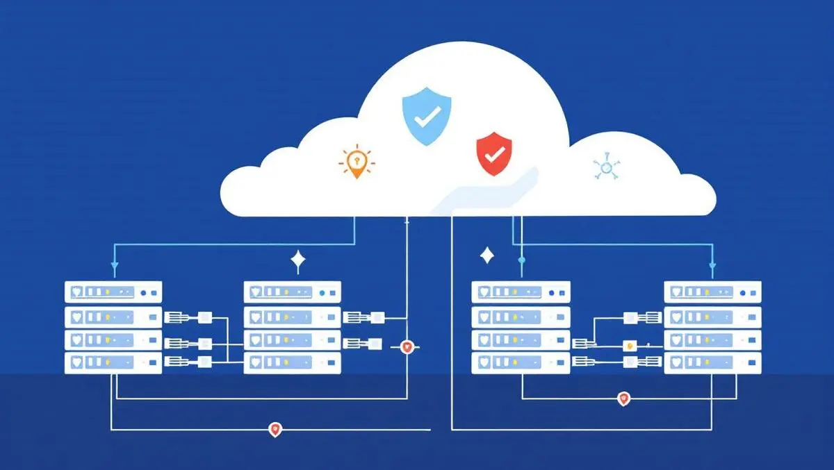 Secure private cloud environment interconnected server racks shield icons network cables cloud symbols backup recovery clean vector