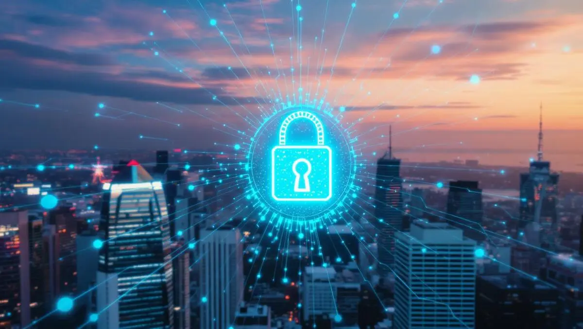 Modern city skyline digital lock network connections cybersecurity identity management
