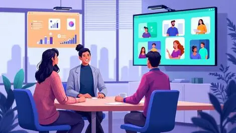 Hybrid onboarding new employees interacting in person and virtually in office