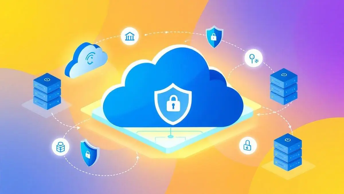 Secure cloud vault with server racks database icons shield lock protection