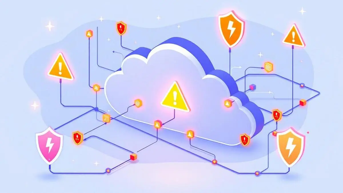 Cloud server glowing warning symbols data flow alert shields security patch