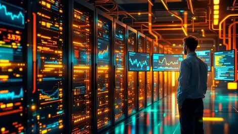Realistic data server room glowing network cables digital waves analytics