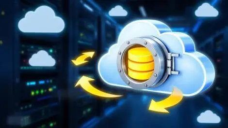 Realistic cloud vault with database icon arrows fast recovery server racks
