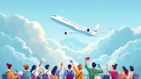 Airplane soaring above clouds passengers holding loyalty cards rewards