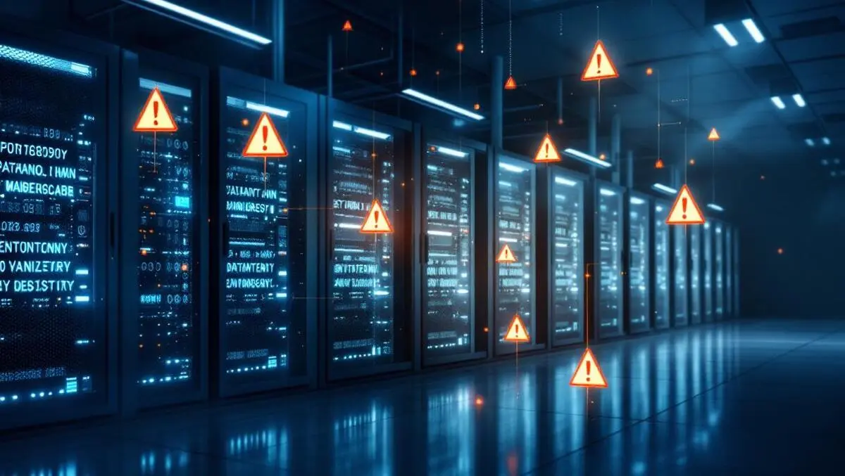 Realistic network data center server racks digital security warnings dark control room