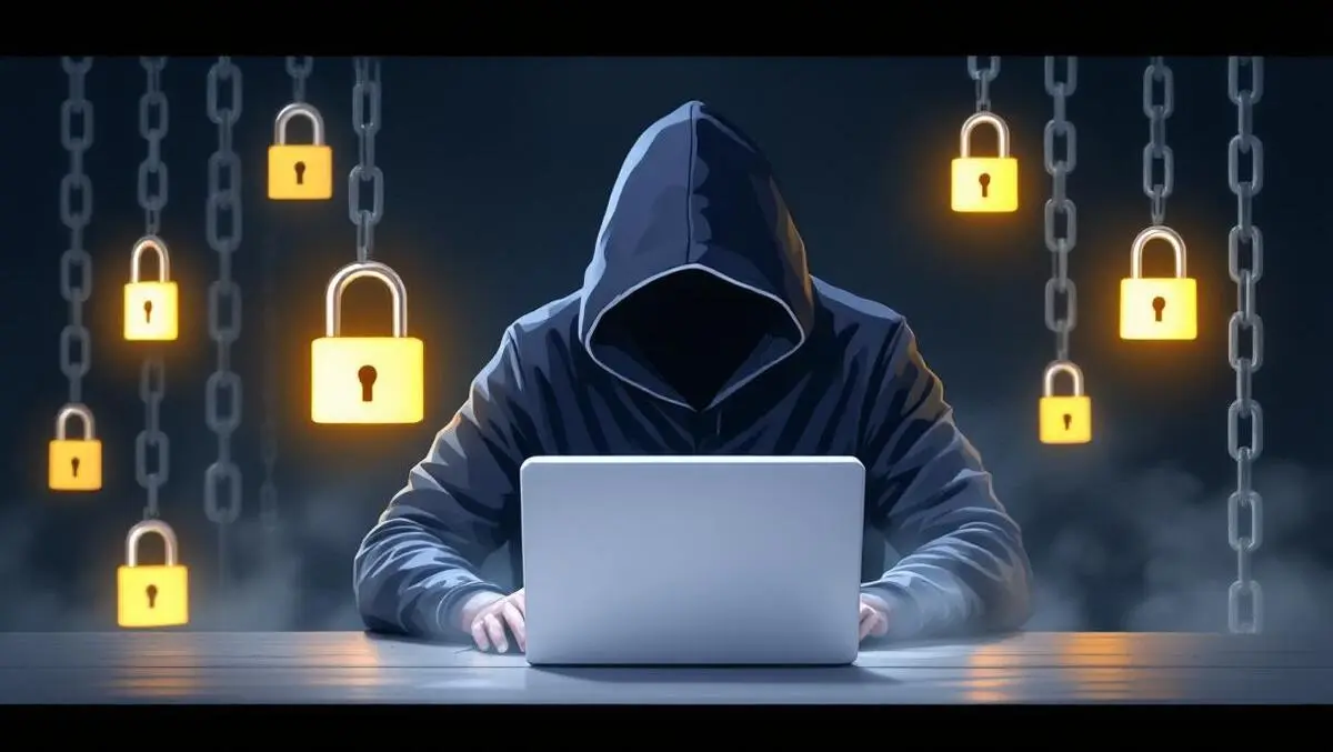 Hooded figure computer dark room digital locks chains cyber threats ransomware