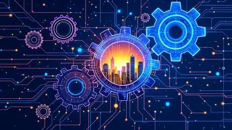 Interconnected gears circuit lines transforming digital cityscape symbolizing collaboration technology