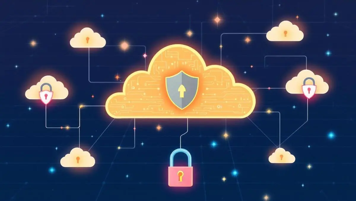 Cloud shapes interconnected by protective digital shields and secure padlocks symbolizing cloud security