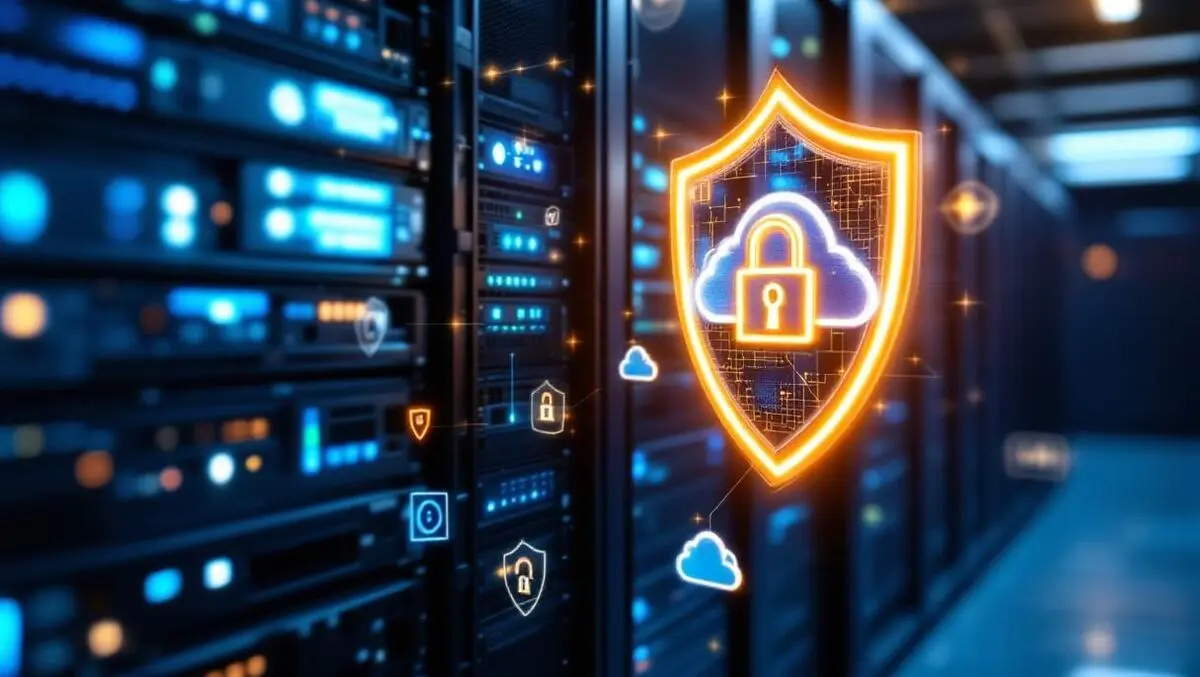 Realistic network server room glowing security shield icons backup cloud data protection microsoft365