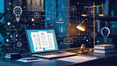 Professional office desk laptop legal documents ai neural network graphics legal symbols