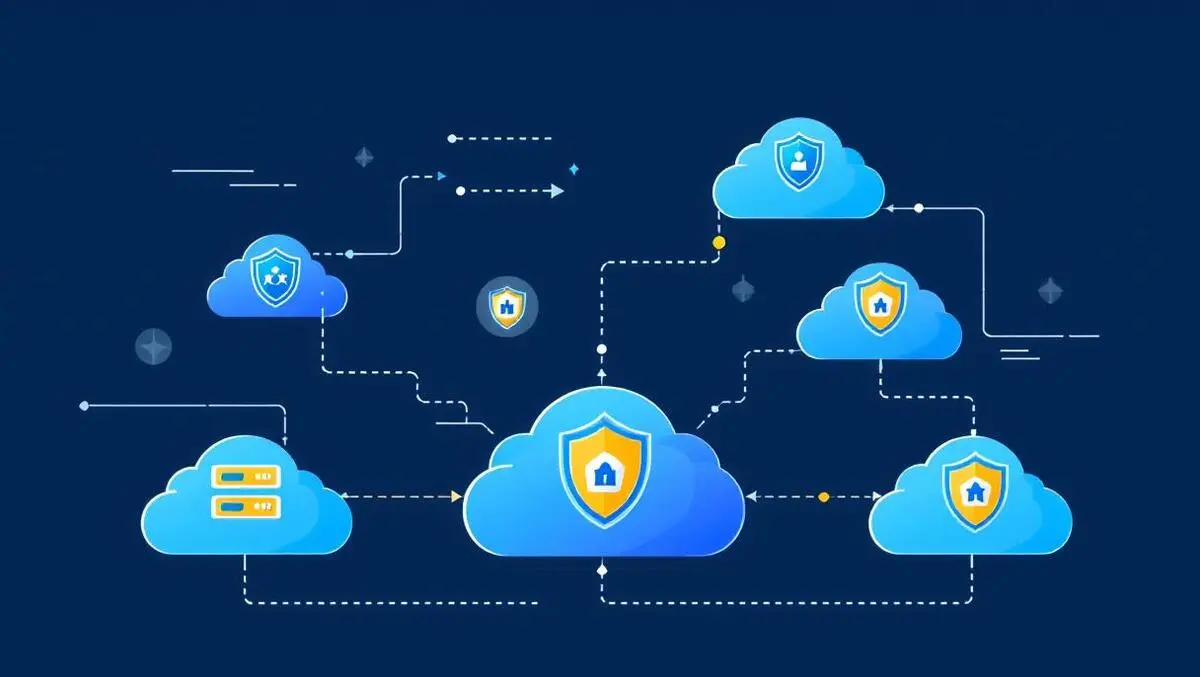 Interconnected cloud servers shield icons enhanced runtime security threat detection