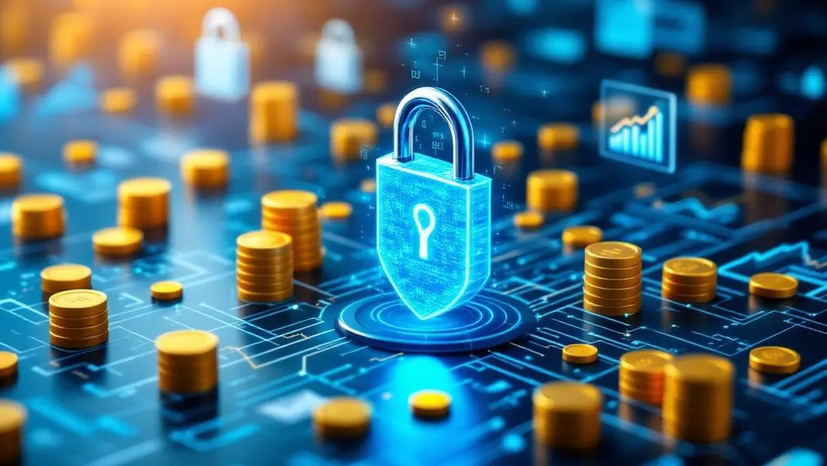 Realistic computer network digital locks shields gold coins financial graphs cybersecurity risk quantification