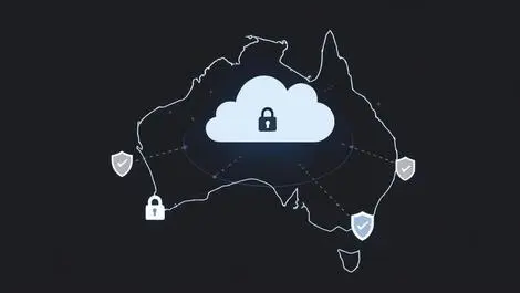 Secure digital cloud with protective barriers over australia outline