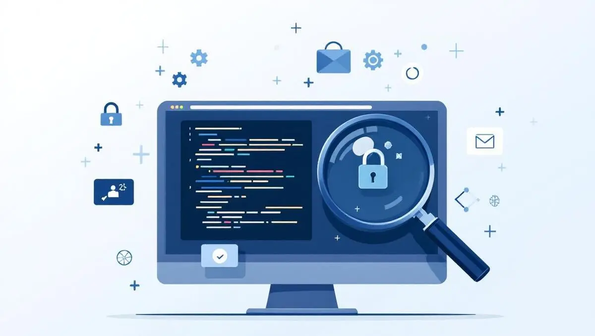 Realistic computer screen code magnifying glass security scanning opensource icons