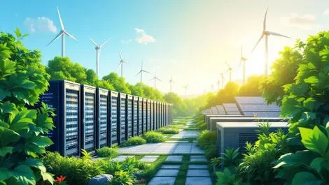 Modern data center server racks green foliage wind turbines sunlight emissions