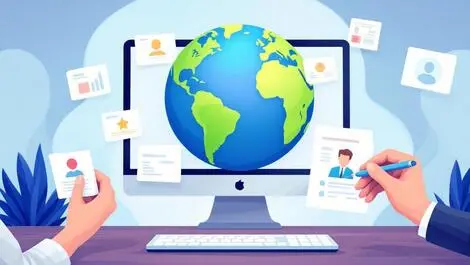 Realistic computer screen globe documents id cards global business verification hands verifying security trust onboarding processes