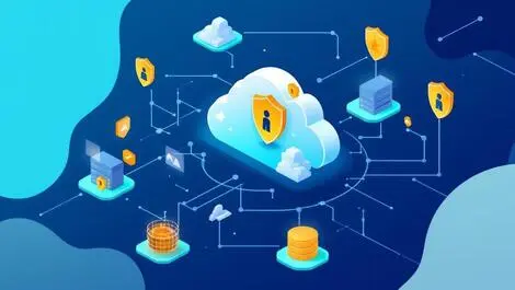 Secure digital network interconnected servers cloud icons shield cybersecurity