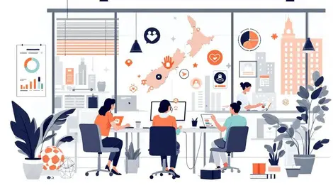 Modern new zealand office team managing technology support automation social impact icons southeast asia europe