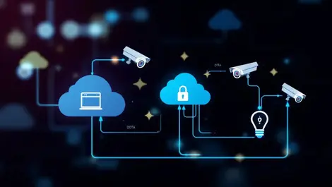 Realistic illustration security cameras cloud icons data flow video surveillance