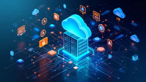 Interconnected server racks cloud icons digital data streams ai security